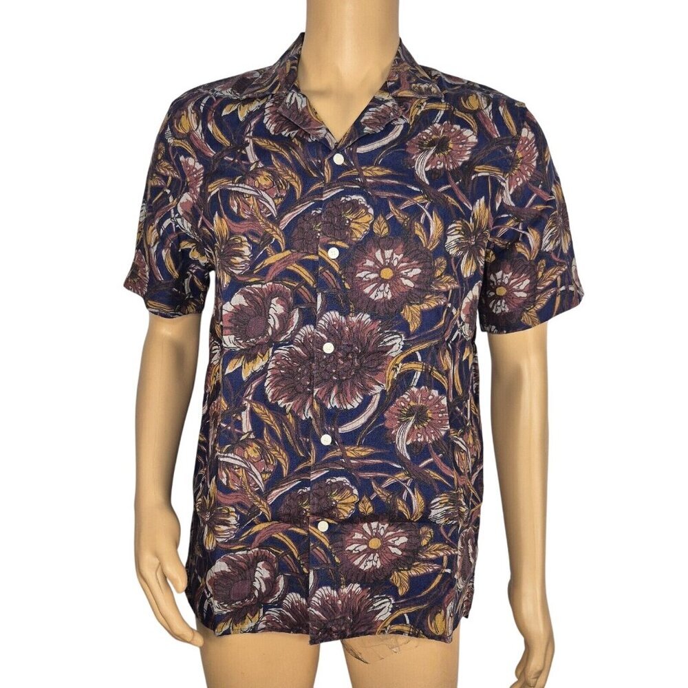 Murano Men's Shirt Size L Blue Brown Floral Button Up Slim Fit Linen (03)